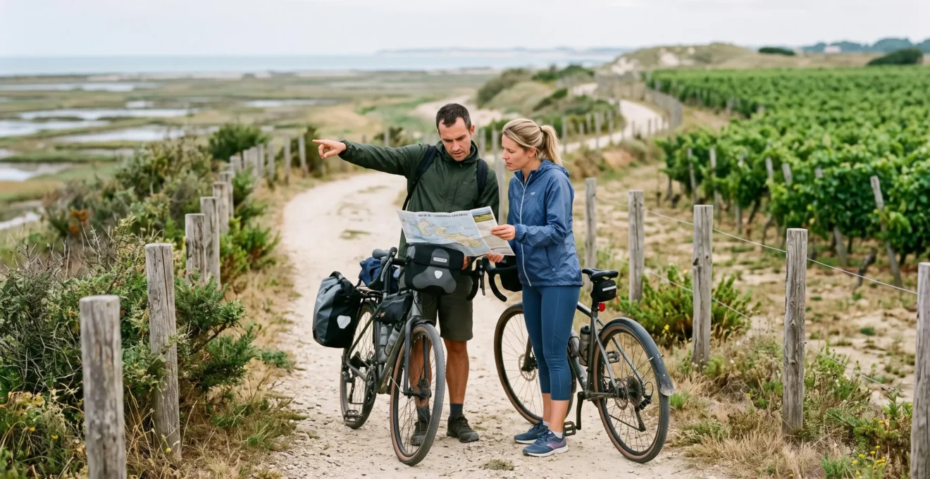 A couple with bicycles studies a map on a coastal path between marshes.