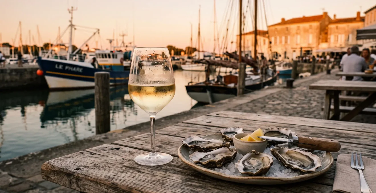 Oysters and a glass of white wine on a wooden harbour terrace table.