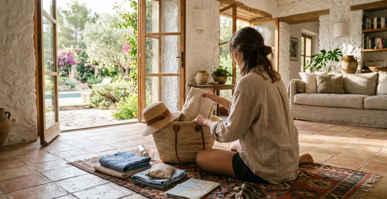 A traveller packs a straw basket bag in a bright villa living room.