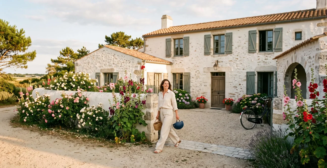 A guest arrives at a whitewashed luxury villa with shutters on Île de Ré.