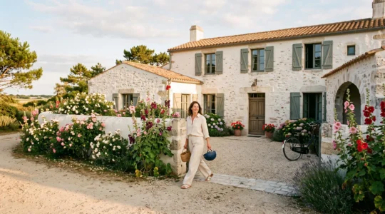 A guest arrives at a whitewashed luxury villa with shutters on Île de Ré.